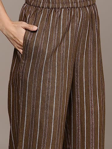 anubhutee Women's Cotton Blend Printed Brown Straight Kurta Suit Set with Pants