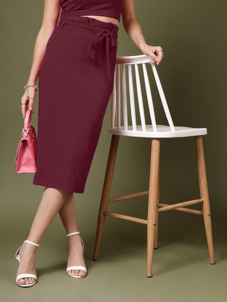 OOMPH! Lycra Pencil Skirt with Belt for Women Purple - msk116
