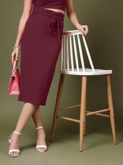 OOMPH! Lycra Pencil Skirt with Belt for Women Purple - msk116