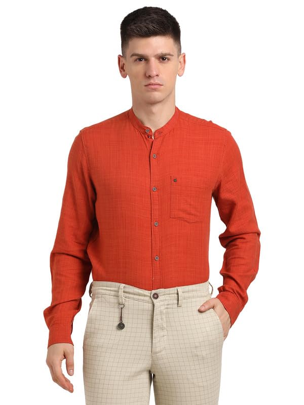 Turtle Men Cotton Lyocell Slim Fit Rust Solid Full Sleeve Casual Shirt