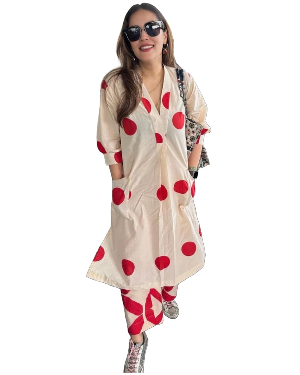 Anni Designer WomenS Cotton Blend Straight Polka Dots Printed Kurta With Pant (Piru Cream_Xl_Cream_X-Large)