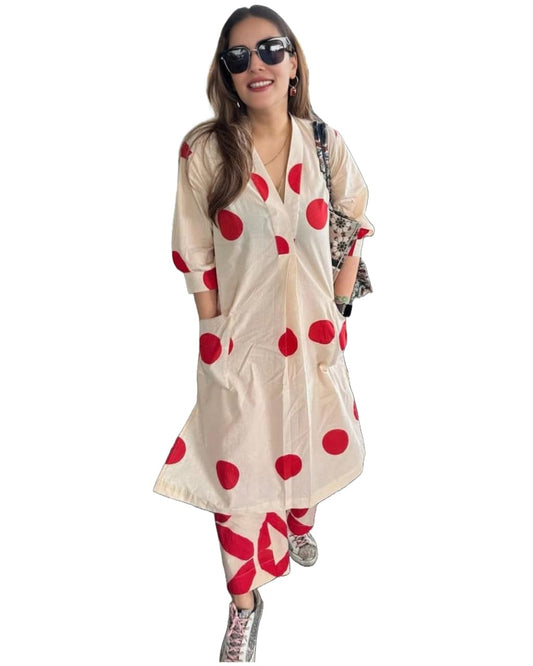 Anni Designer WomenS Cotton Blend Straight Polka Dots Printed Kurta With Pant (Piru Cream_Xl_Cream_X-Large)
