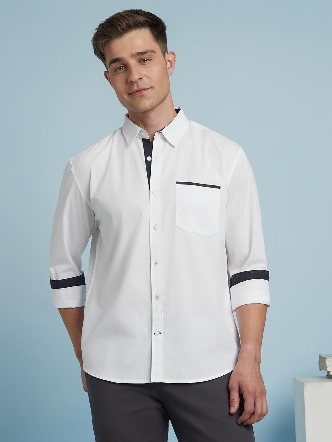 Dennis Lingo Men Solid 100% Cotton Regular Fit Full Sleeves Spread Collar Shirts White