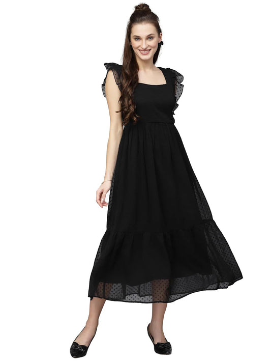 Avanova Georgette Jacquard Butti Black Square Neck Knee Length Western Dresses For Women (Dress 89 Black Xl)