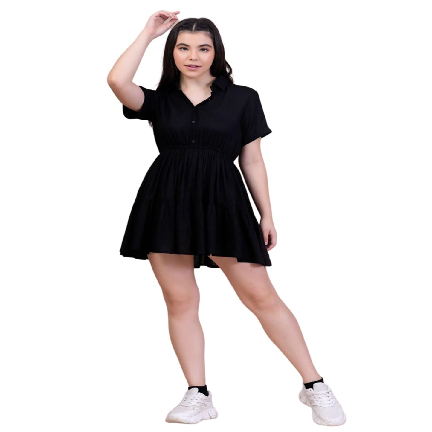Trillmixa Solid Short Sleeve Coller Neck Fit & Flare Above Knee Length Dress For WomenS (T-Maya-Black)