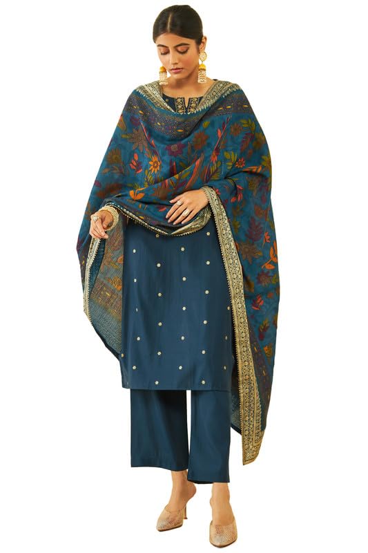 Soch Womens Blue Muslin Floral Print Suit Set With Printed Dupatta(Lg-Ewa3Cd20252B)