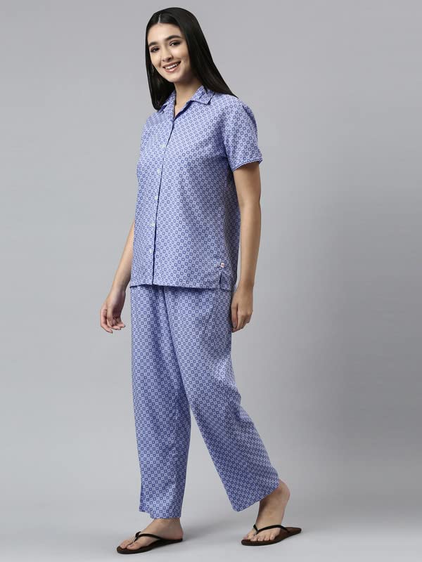 Enamor Essentials Relaxed Fit Modal Short Sleeve Printed Shirt & Mid Rise Pant Slounge Set for Womens-EC17 (EC17_Purple Geo AOP_
