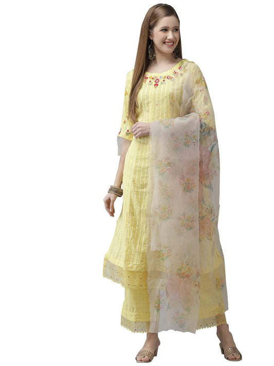 ishin Women's Cotton Blend Embroidered Phulkari Yellow Floral Print A-Line Kurta suit set With Dupatta & Trouser