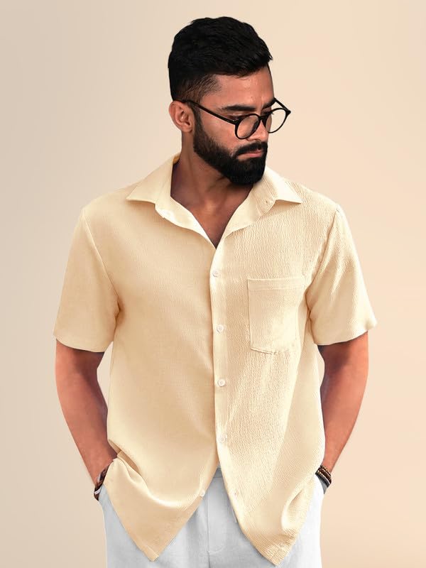 PinkMint Popcorn Shirt for Men ll Textured Shirts for Men ll Stylish Half Sleeve Shirt ll Goa Wear ll Regular Fit Shirt Yellow