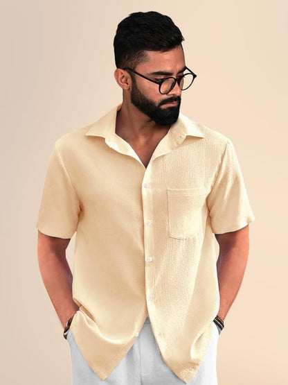 PinkMint Popcorn Shirt for Men ll Textured Shirts for Men ll Stylish Half Sleeve Shirt ll Goa Wear ll Regular Fit Shirt Yellow