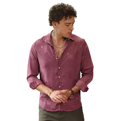 Campus Sutra Mens Rouge Pink Self-Design Floral Shirt | Casual Wear | Spread Collar | Long Sleeve | Button Closure | Shirt Craf