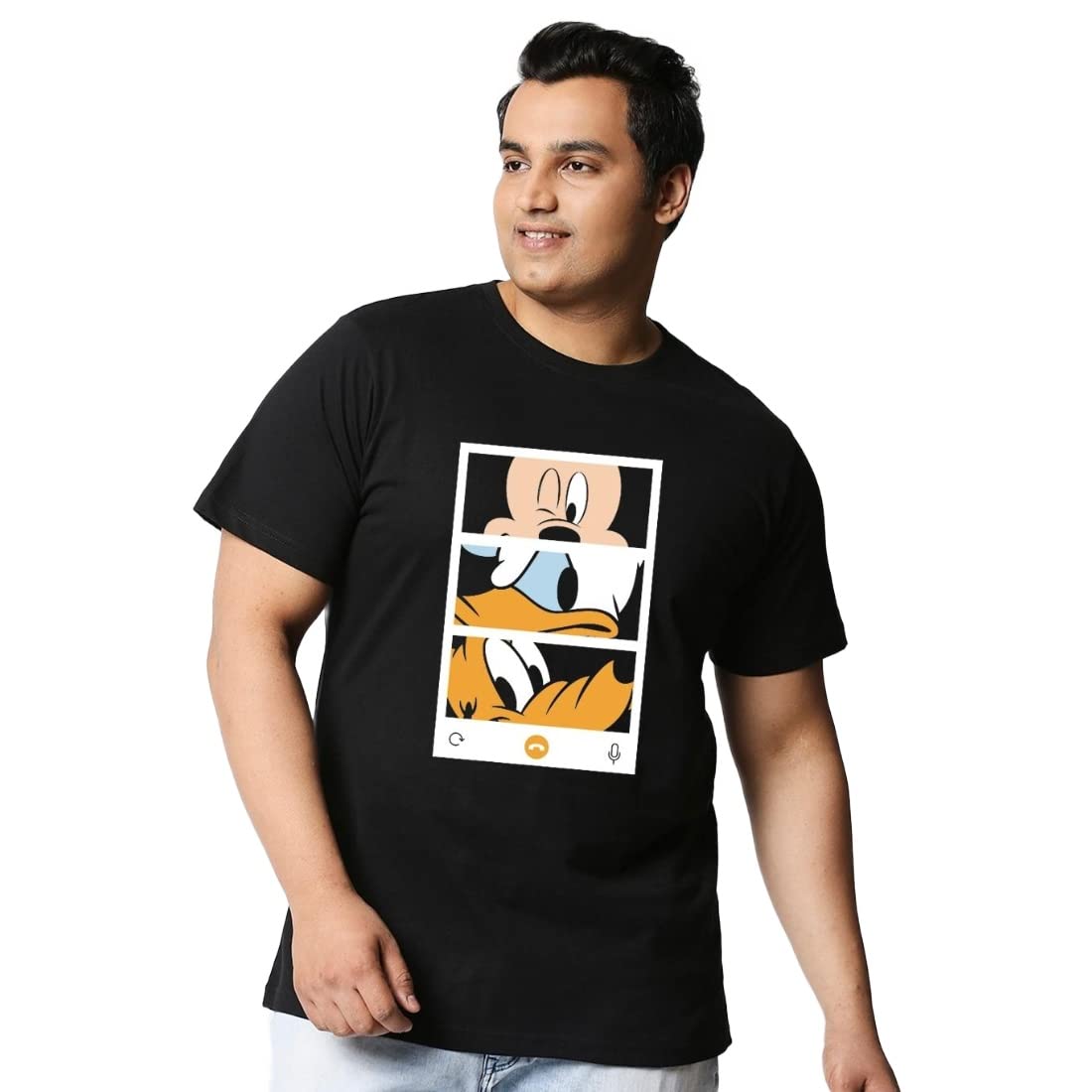 Bewakoof Mens Mickey Trio Call (DL) Graphic Print 100% Cotton Plus Size T-Shirt- Regular Fit, Round Neck, Half Sleeve Black