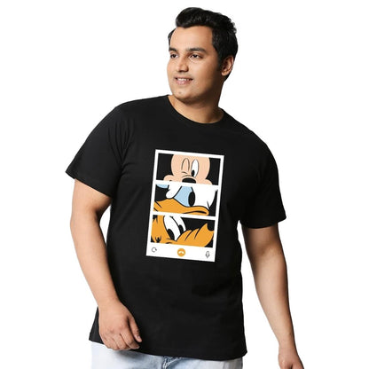 Bewakoof Mens Mickey Trio Call (DL) Graphic Print 100% Cotton Plus Size T-Shirt- Regular Fit, Round Neck, Half Sleeve Black