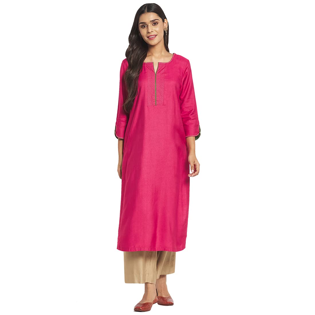 Fabindia Women Viscose Silk Embroidered Long Kurta Pink