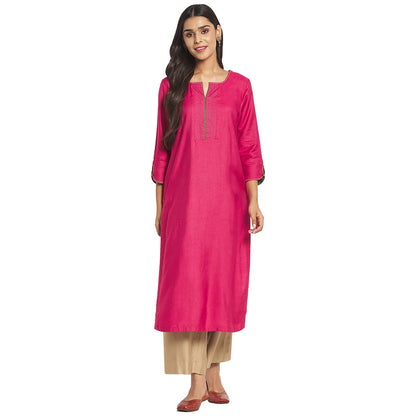 Fabindia Women Viscose Silk Embroidered Long Kurta Pink