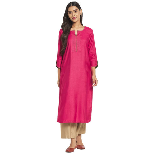 Fabindia Women Viscose Silk Embroidered Long Kurta Pink