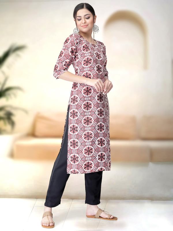 Pinkmint Kurta Set For Women Rayon Printed Stylish Neck Kurti With Pant Set (Pack Of 2) Silver-Pink