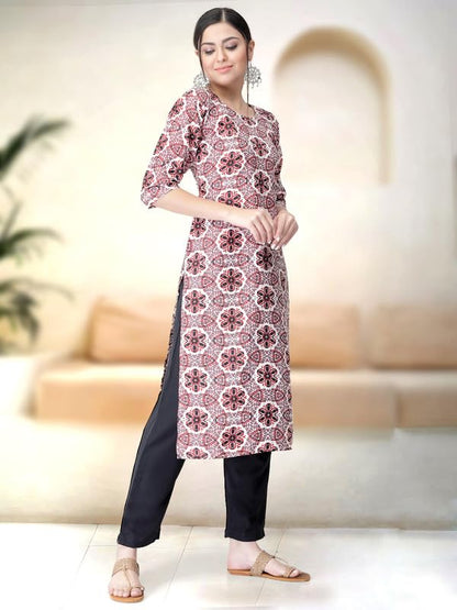 Pinkmint Kurta Set For Women Rayon Printed Stylish Neck Kurti With Pant Set (Pack Of 2) Silver-Pink