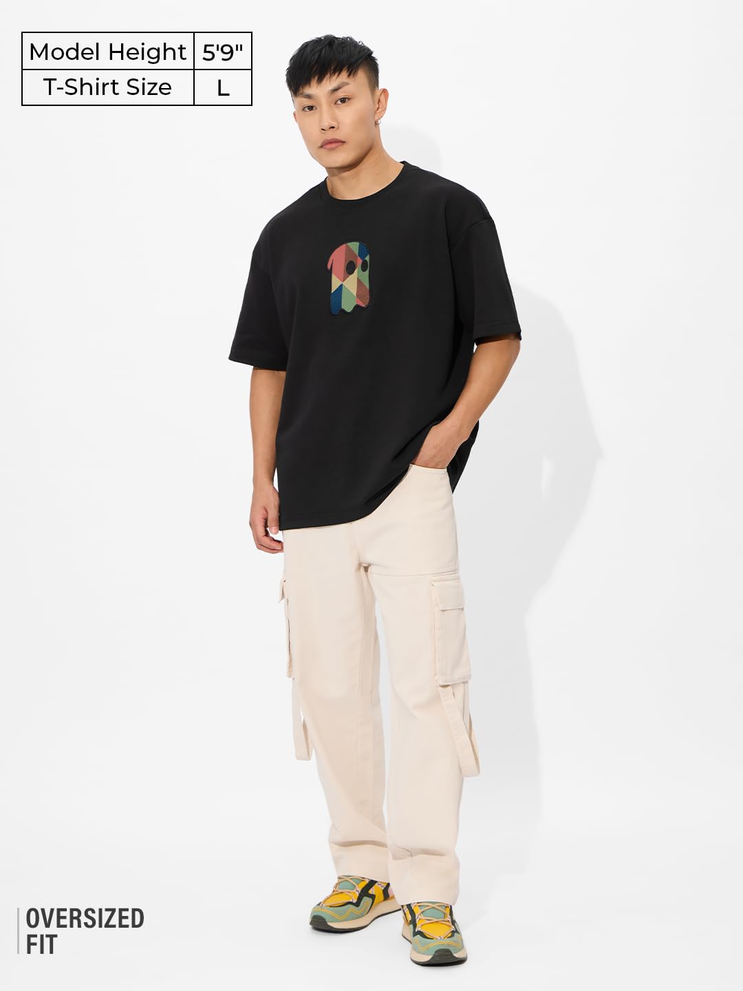 The Souled Store Fusion Black Oversized T-Shirt for Men Boys Cotton Casual Half Sleeves Baggy Loose Fit Drop Shoulder Round Neck