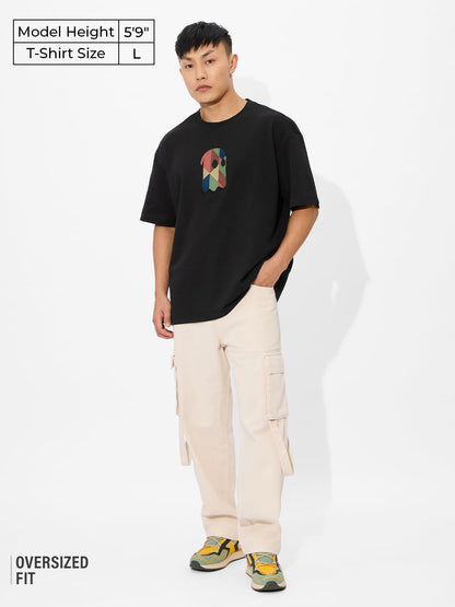The Souled Store Fusion Black Oversized T-Shirt for Men Boys Cotton Casual Half Sleeves Baggy Loose Fit Drop Shoulder Round Neck