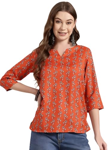 Pinkmint Womens Printed Cotton Blend Short Kurti l All Over Printed V-Cut Neckline Casual Wear Tunic Tops l Ethnic Tops for G