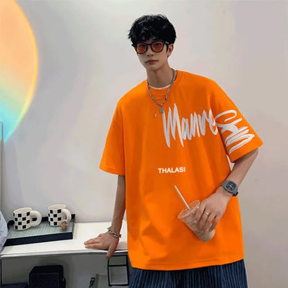 Thalasi Orange Round Neck Back Print Oversized T Shirts For Men - Drop Shoulder Baggy Fit T-Shirt For Men - Stylish Anime Korean