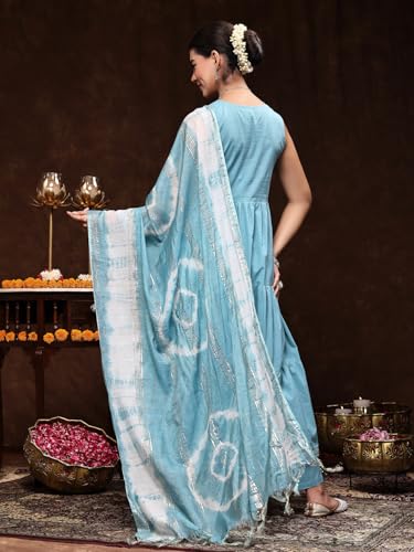 Stylum WomenS Aqua Blue Solid & Embroidered Cotton Tiered Kurta Pant Dupatta Set