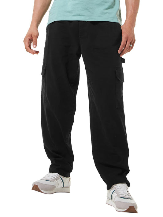 Bewakoof Mens Solid Oversized Fit Cotton Spandex Cargo Carpenter Casual Pants_617420_Black_38