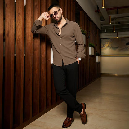 Campus Sutra Mens Tan Brown Stripe-Creased Shirt for Casual Wear | Spread Collar | Long Sleeves | Button Closure | Shirt Crafte