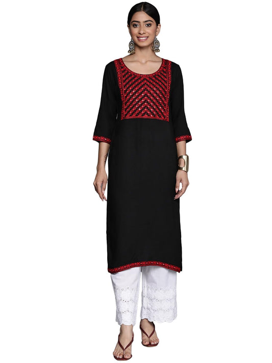 Libas Black Embellished Rayon Straight Kurta