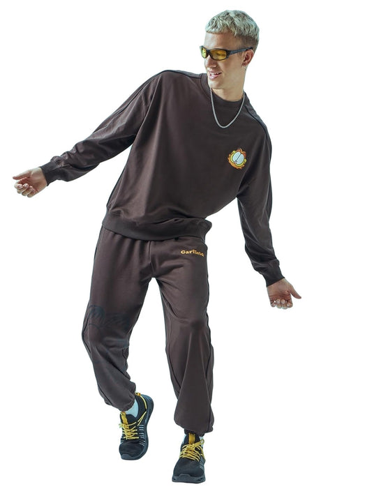 Bewakoof Official Garfield Merchandise Mens Graphic Printed Oversized Fit Full Sleeve Round Neck Terry Co-ordinates_619987_Brow