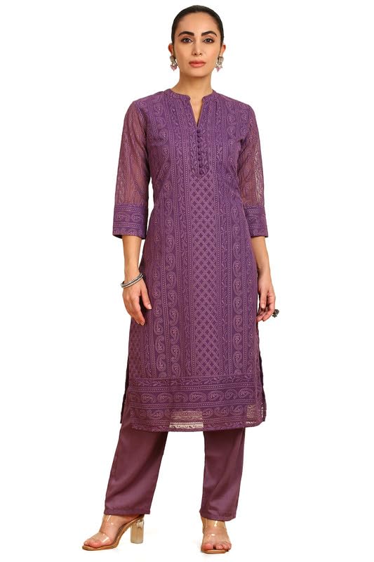 Soch Womens Purple Paisley Embroidered Mandarin Collar Georgette Kurta