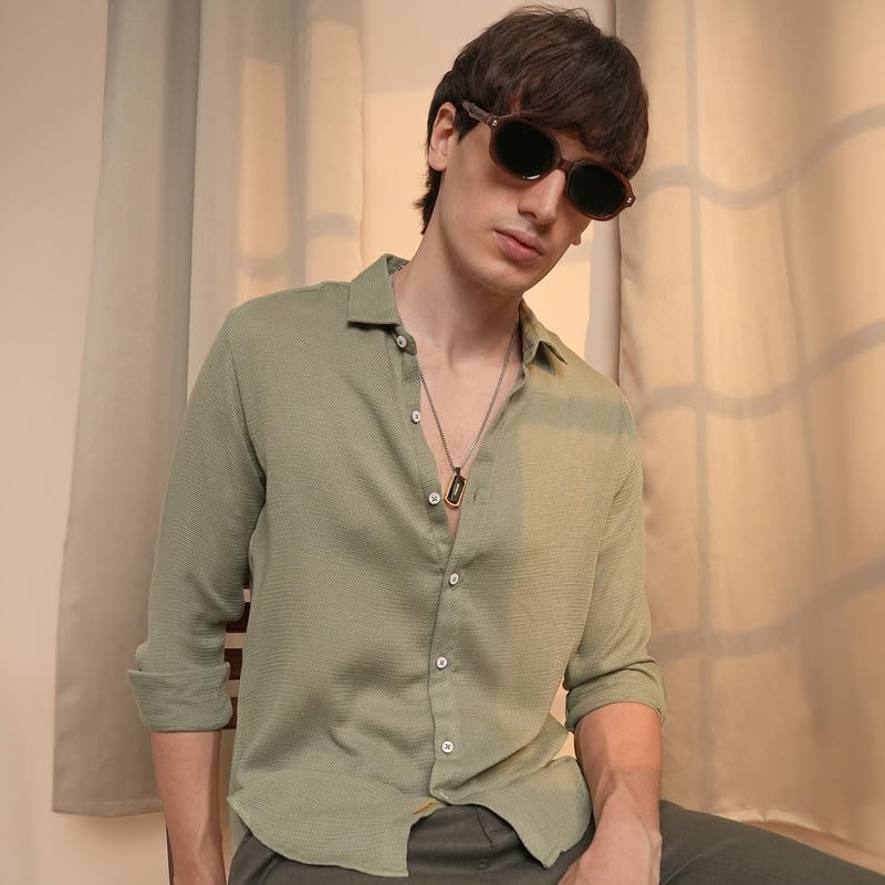 Campus Sutra Mens Sage Green Woven-Textured Shirt | Casual Wear | Spread Collar | Long Sleeve | Button Closure | Shirt Crafted