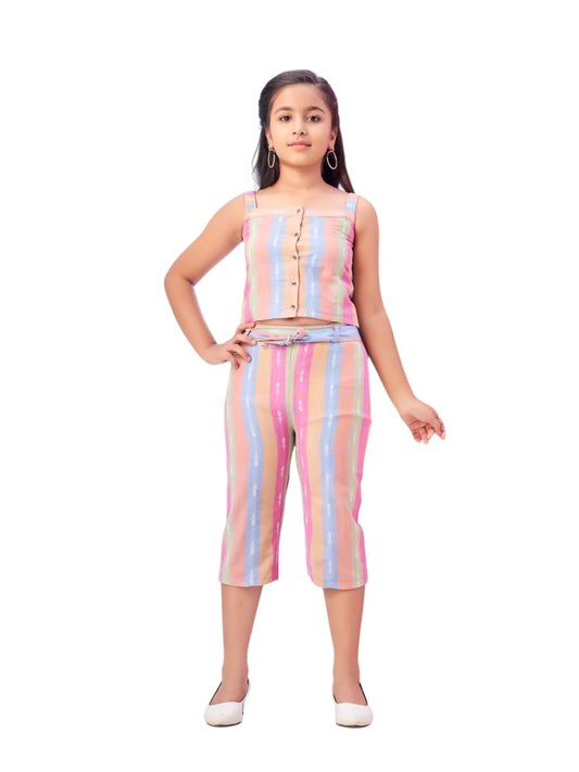 Aarika Girls Casual Wear Pink Colour Stripes Print Cotton Top & Pant With Belt-3-11 Years (DR-TR-K-989)