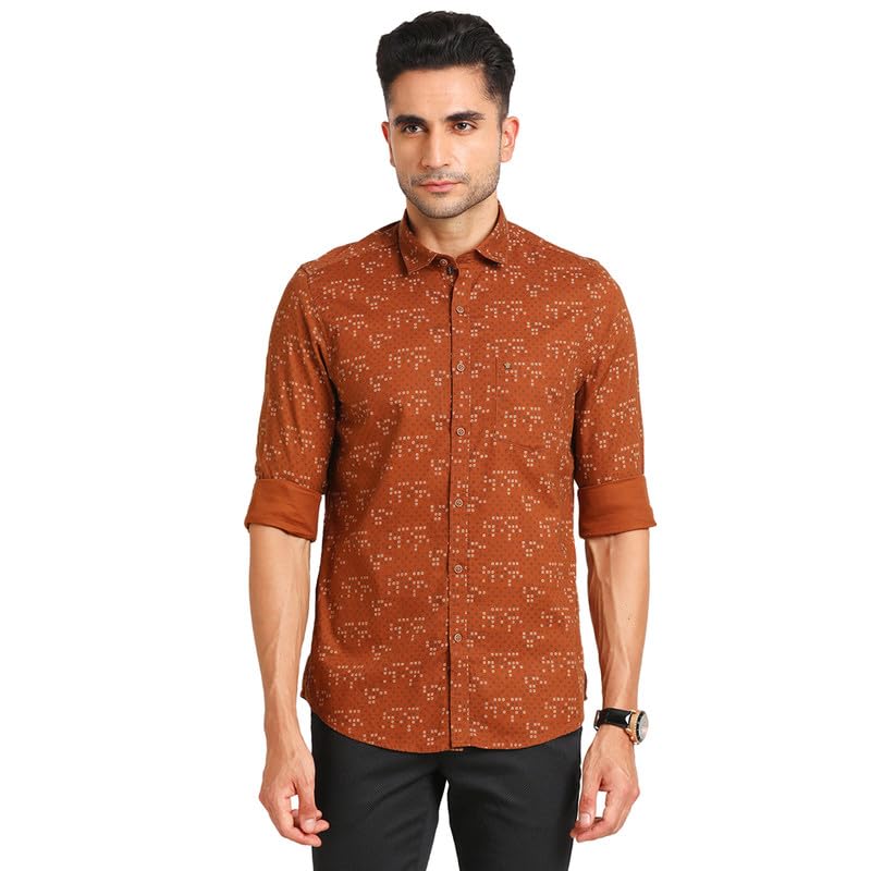 Turtle Men 100% Cotton Slim Fit Brown Printed Full Sleeve Casual Shirt