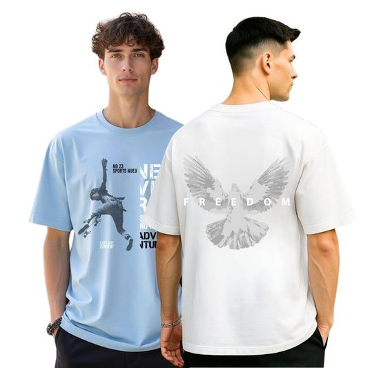 Nobero MenS Graphic Print Oversized Fit T-Shirt (1M-Twts-C0933-X_Powder Blue/White