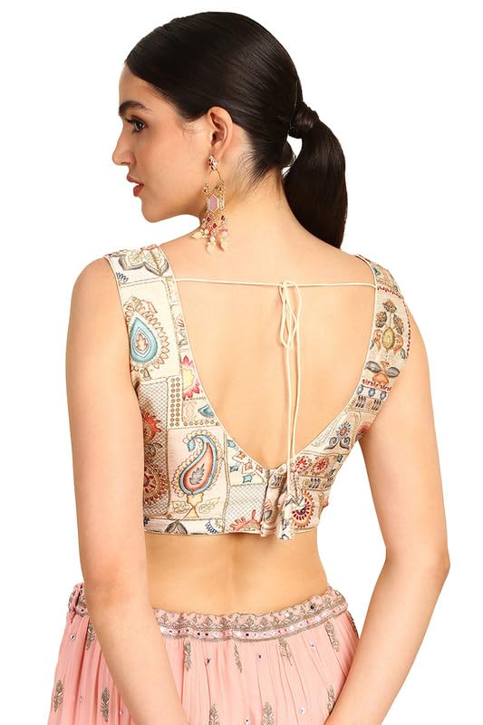 Soch Womens Cream Floral Print Art Silk Padded Blouse With Zari Work