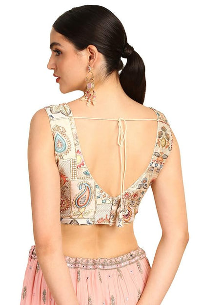 Soch Womens Cream Floral Print Art Silk Padded Blouse With Zari Work