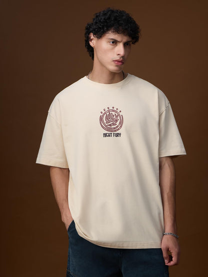 The Souled Store Disney: Night Fury Men and Boys Short Sleeves Round Neck Beige Graphic Printed Cotton Oversized T-Shirts