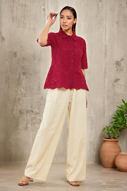 Soch Womens Red Schiffli Embroidery Spread Collar Cotton Tunic