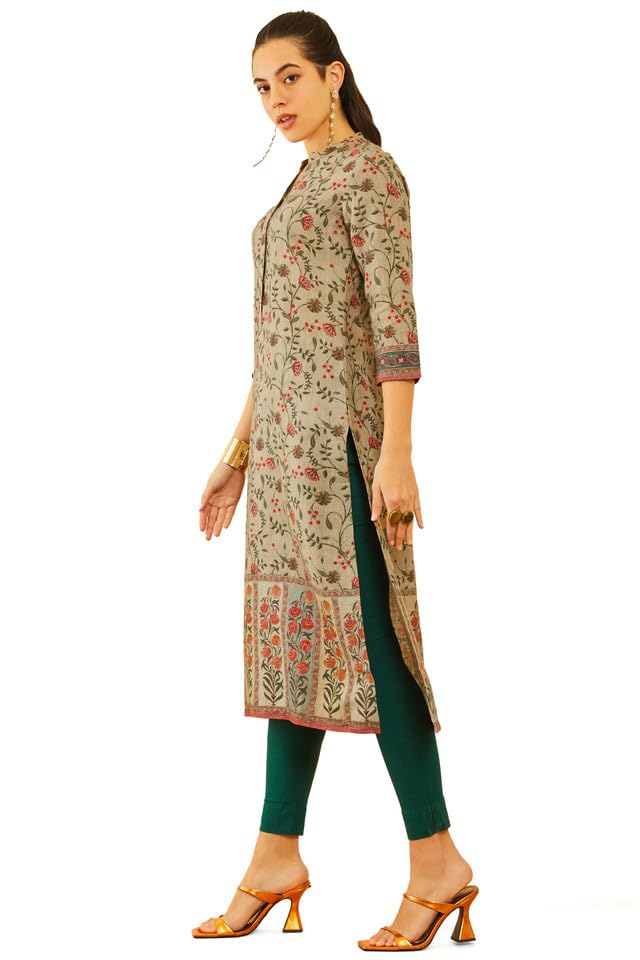 Soch Womens Olive Green Linen Floral Printed Straight Kurta