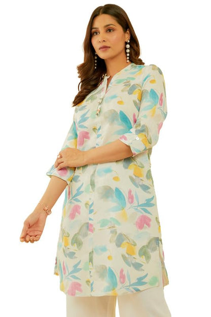 Soch Womens Off White & Blue Linen Blend Abstract Print Kurta