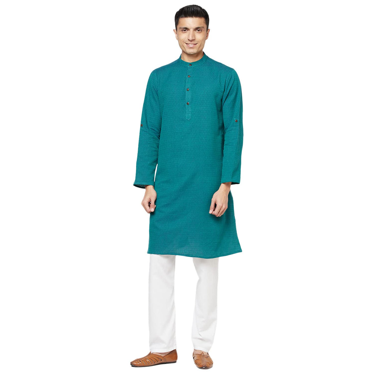 Fabindia Men Dobby Weave Long Kurta Cotton_M Light Green