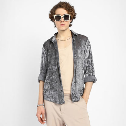 Campus Sutra Mens Moon Grey Solid Velvet Shirt for Casual Wear | Spread Collar | Long Sleeve | Button Closure | Shirt Crafted w
