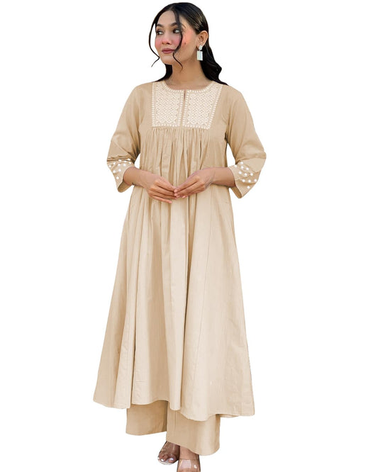 Toochki Women's Muslin Flared Anarkali Embroidered Kurta with Palazzo