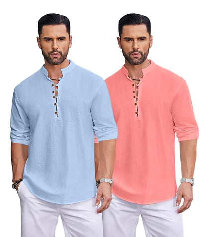 ROYALSCOUT Mens Stylish Casual Kurta Pack of 2 | Mandarin Collar Half Sleeve Ethnic Kurta | Cotton Polyester Blend Fabric, Fest