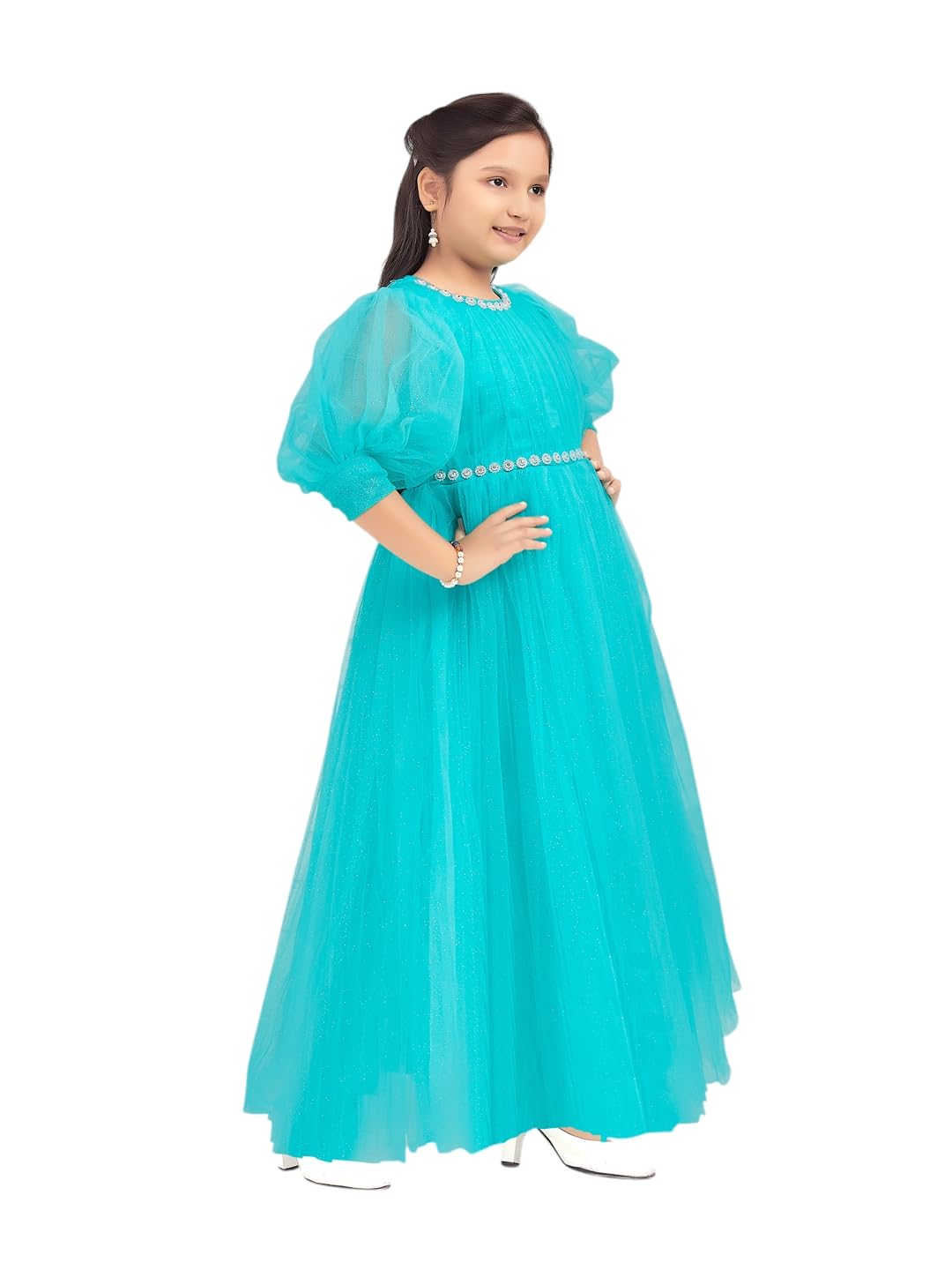 Aarika Girls Sea Green Colour Solid Stone Lace Net Gown-(4-10 Years)-(June_G-012268-C-GREEN-24)