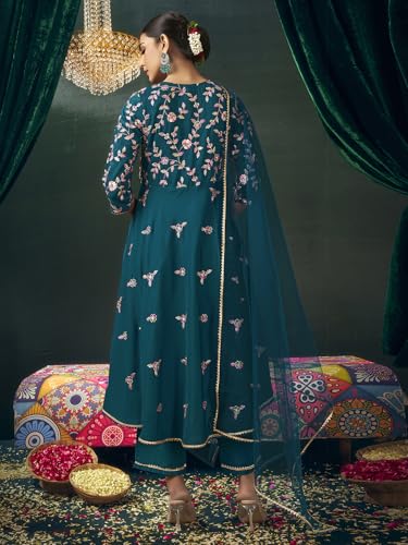 Sanisa Women's Chinnon Sequins and Embroidery Work Anarkali Kurta with Pant and Dupatta Set