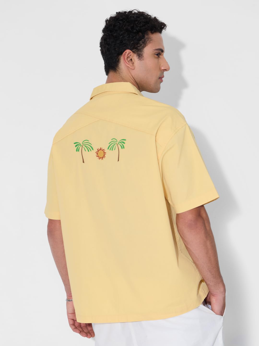 The Souled Store Oversized Shirt: Solar Men and Boys Short Sleeves Collared Neck Button Front Yellow Embroidered Cotton Oversize