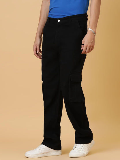 Kotty MenS Solid Mid Rise Straight Fit Stylish Looking Cargo Jeans(Black,36)